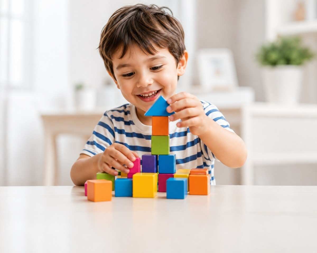 Child building colorful blocks