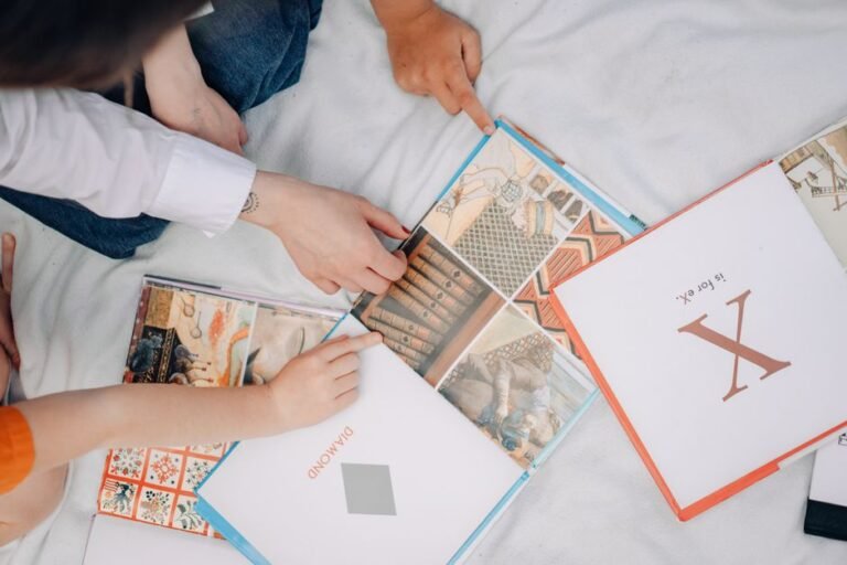 A parent and child looking together at a visual calendar on the wall